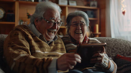 Two joyous seniors share a laugh while looking at a tablet in a cozy living room.