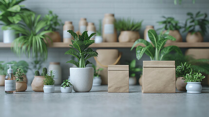 still life of various packaging and plants mockups on the table and shelves in a shop