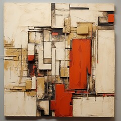Khaki and red painting, in the style of orange and beige, luxurious geometry, puzzle-like pieces