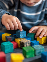 Child playing with colorful building blocks.