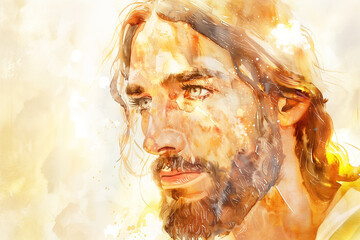 Warm gold watercolor portrait of Jesus Christ,  illuminated by God light. Christian and catholic religion painting artwork