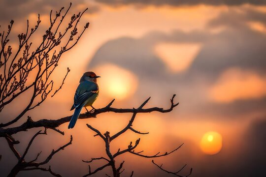 bird on a branch at sunrise