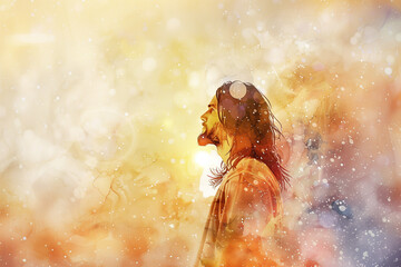 Realistic watercolor portrait of Jesus Christ,  illuminated by God light. Christian and catholic religion painting artwork