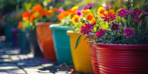 Gardening background or banner. Idyllic garden setting with colorful potted flowers and gardening...