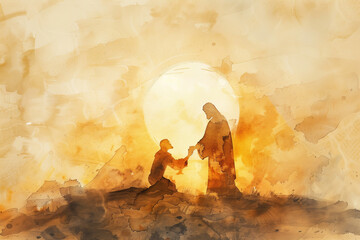 Jesus reaching out his hand to man and forgive and bless him In the sunrise rays, watercolor painting in warm gold colors