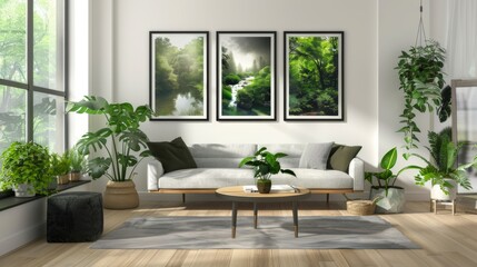 Fototapeta na wymiar Framed nature pictures on wall with plants in light room