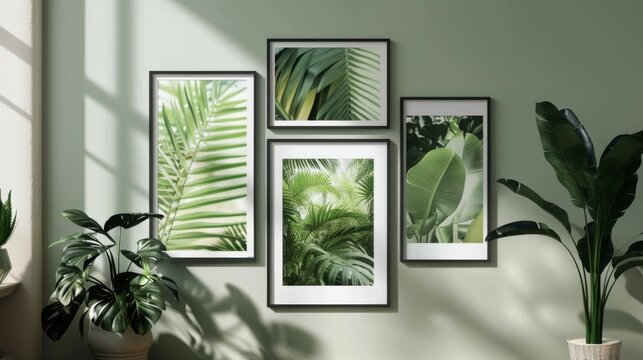 Framed nature pictures on wall with plants in light room