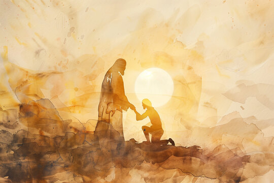Jesus reaching out his hand to man and forgive and bless him In the sunrise rays, watercolor painting in warm gold colors