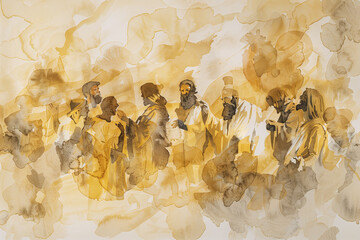 Watercolor of The Last Supper painting, a vibrant watercolor rendition, depicting Jesus and his disciples dining and conversing