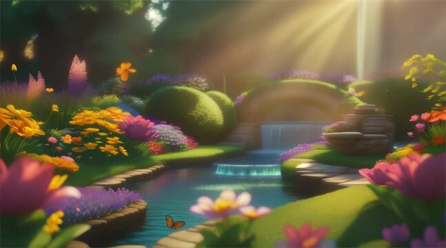 Animation zooms in on a scene of flowers in a pond reflecting the beauty of nature.