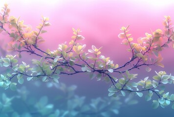 Tree branch with leaves against pink and blue sky with fluffy clouds in background