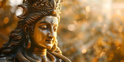 Intricately detailed golden statue of Hindu god Shiva wearing a crown. Concept Hinduism, Deity Worship, Religious Symbolism, Golden Statue, Shiva - obrazy, fototapety, plakaty