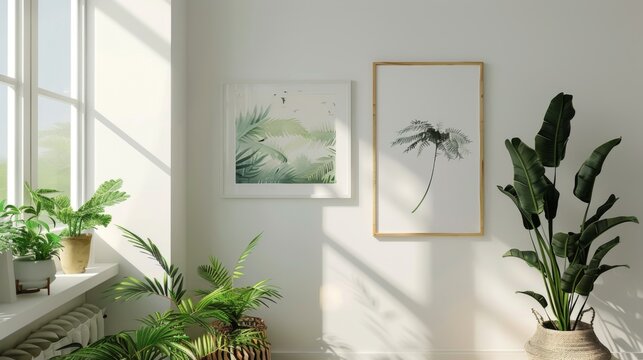 Framed nature pictures on wall with plants in light room