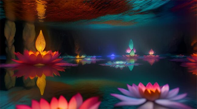 Animation of the Chinese New Year landscape with flowers under the river pond Capture the beauty of summer with orange hues and reflective waters.
