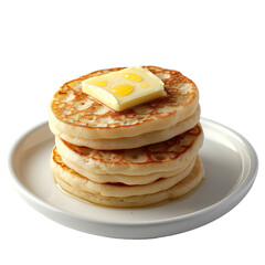 front view of Buttered Crumpets with a stack of crumpets topped with butter, served on a classic British crumpet plate, isolated on a white transparent background