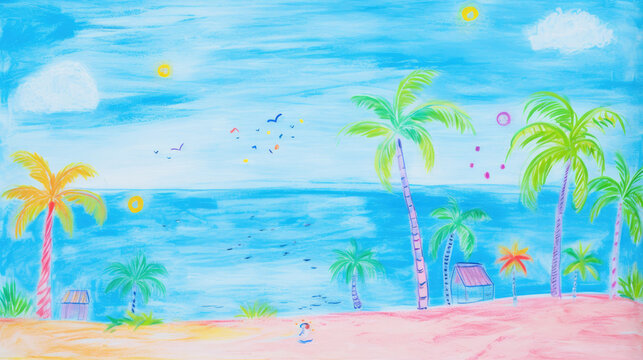 Holiday Beach Background Art Backdrop. Cute cartoon oil pastel drawing crayon doodle for children book illustration, poster, backdrop, or wall painting.