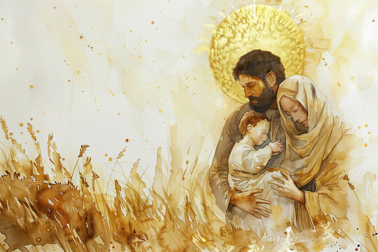 Watercolor painting of a scene from the nativity of Jesus, father and mother with a child in their arms, in gold and yellow warm colors
