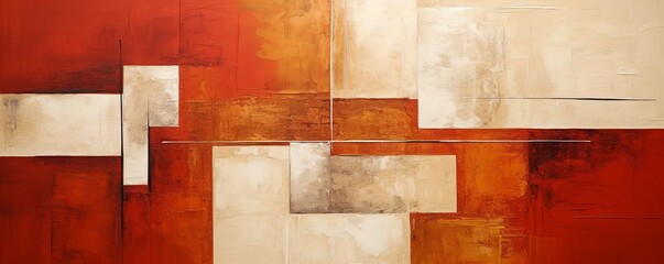 Maroon and red painting, in the style of orange and beige, luxurious geometry, puzzle-like pieces