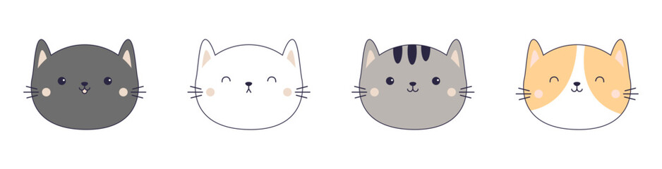 Cat kitten round icon set banner. Cute kitty face head. Contour line doodle. Different emotions, colors. Cartoon kawaii funny baby character. Sticker print. Flat design. White background. Vector - 764683487