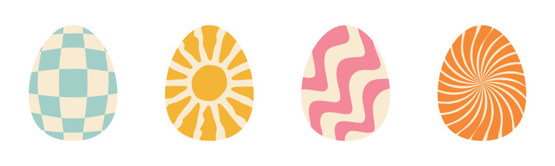 alpaca setHappy Easter egg set line. Groovy retro waves, checkerboard, sunburst starburst with ray of light pattern. Background set with sun in 60s, 70s hippie style. Trendy graphic print. Flat design - 764683610