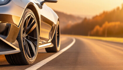 Close up of sport car wheels on a fast car on a road in a mountain nature landscape during golden...