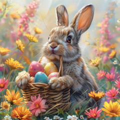 Happy easter! A hare holding a basket with painted colored eggs on a green lawn with flowers