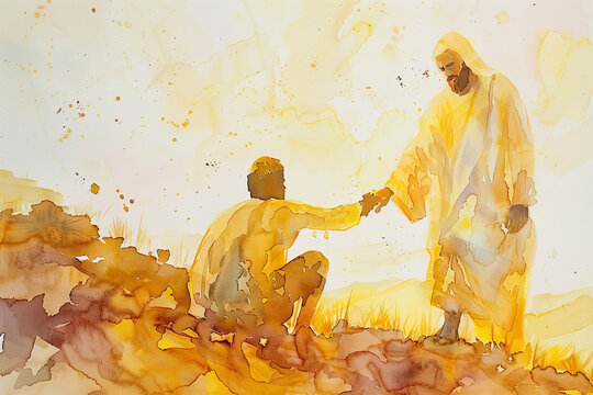 Jesus reaching out his hand In the sunrise rays, watercolor painting in warm gold colors