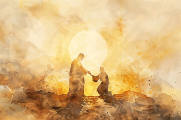 Jesus reaching out his hand to man and forgive and bless him In the sunrise rays, watercolor painting in warm gold colors - obrazy, fototapety, plakaty
