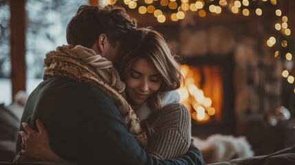 A couple cuddled up together in front of a cozy fireplace - obrazy, fototapety, plakaty