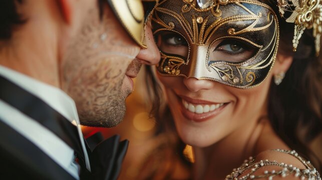 A couple attending a masquerade ball