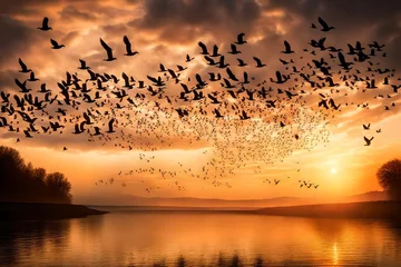 Fotobehang Silhouettes flock of Seagulls over the Sea during amazing sunset © MISHAL