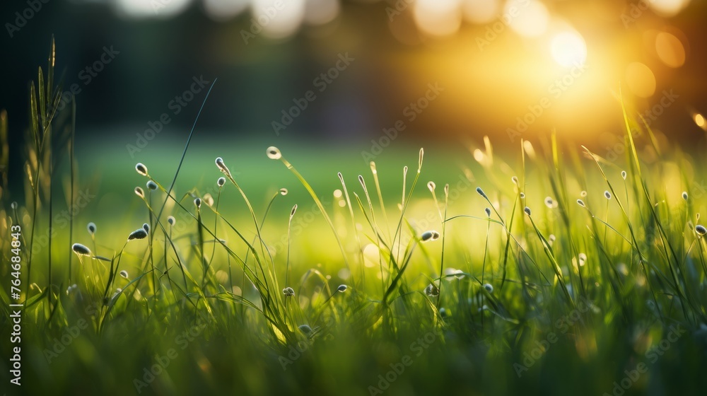 Poster art green grass in a meadow at sunset macro image shallow depth of field abstract summer generative 