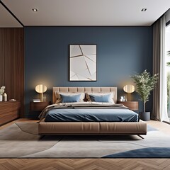 modern bedroom with a wood bed and beige walls
