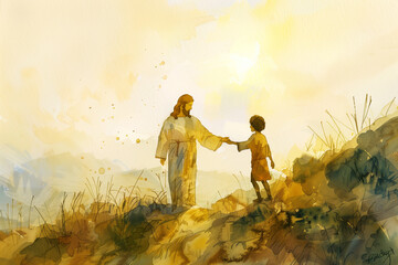 Jesus Holding a child's hand,hHe takes it with him, forgive and bless him In the sunrise rays, watercolor painting in warm gold colors