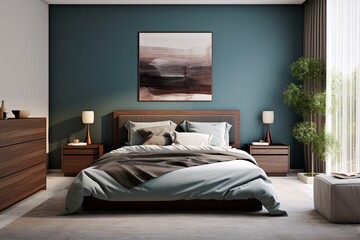 modern bedroom with a wood bed and black walls, in the style