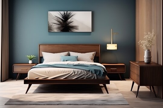modern bedroom with a wood bed and beige walls