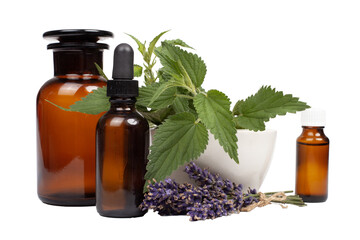 Collection of medicinal herbs, mortar and brown medical bottles.