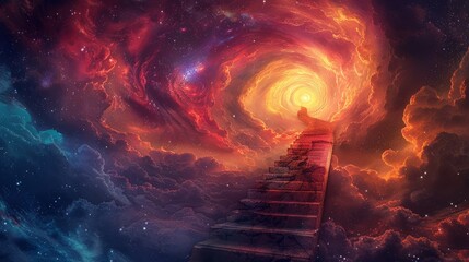 A staircase leading into a swirling vortex of colors - obrazy, fototapety, plakaty