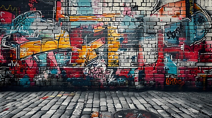 Urban brick wall covered with graffiti, showcasing vibrant street art and textures