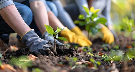 Hands planting saplings in fertile soil are captured in a close-up, symbolizing growth and environmental conservation efforts by volunteers.