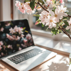 A business notebook with spring flowers around it, a concept for remote work