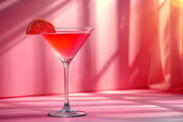 Glass of Cosmopolitan cocktail with grapefruit on colorful background