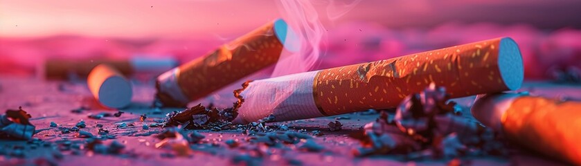 Crushed cigarettes, bad for health sign, neon dusk ambiance, eye level, vivid contrast, stark message , super detailed - obrazy, fototapety, plakaty