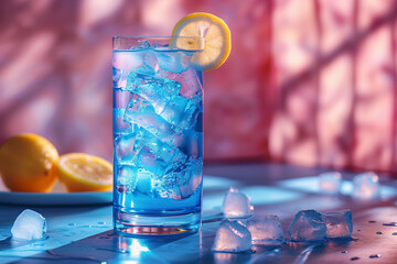 Blue curacao coctail, exotic cold shot glass cocktail with yellow lemon slice, ice cubes, on soft light pink color background