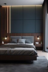 modern bedroom with a wood bed and brown walls