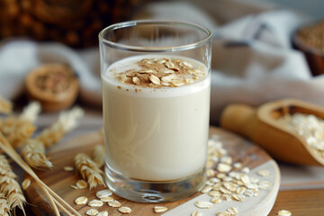 A glass of oat milk, a staple food ingredient, is placed on a wooden cutting board. It is commonly used in recipes and as a dairy alternative in cuisines - obrazy, fototapety, plakaty