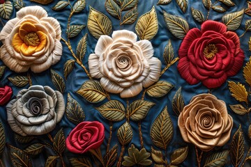 Bouquet of roses flowers. Embroidered rose flowers, gold leaves. Embroidery floral colorful vector background illustration. Tapestry beautiful stitch textured flowers. Stitching lines surface texture.