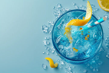 Blue curacao coctail, exotic cold shot glass cocktail with yellow lemon slice, ice cubes, on soft light mint color background, top view - obrazy, fototapety, plakaty