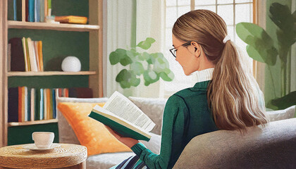 Digital painting of blonde, long haired girl reading a book on the sofa. Graphic design art of young booklover female holding a book. - obrazy, fototapety, plakaty