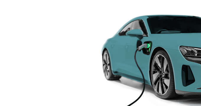 Modern electric car plugged in and charging on a white background